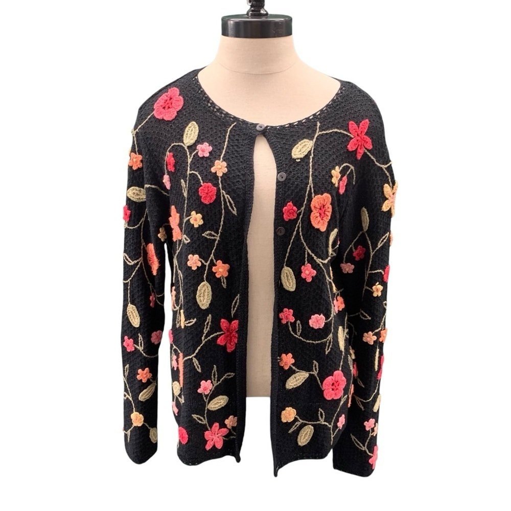 DAVID BROOKS Floral Applique on Black Linen Blend Cardigan Sweater - Size M